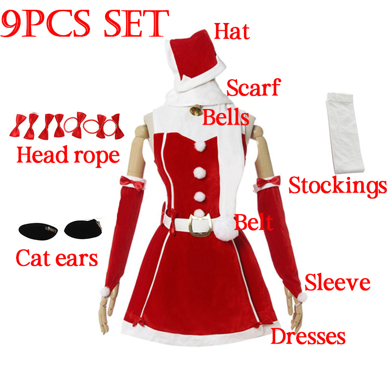 Anime Nekopara Cosplay Vanilla Chocola Costume Women Girls Christmas Dress Hat Bell Red Uniform Full Suit Sexy XMAS Party Dress alx