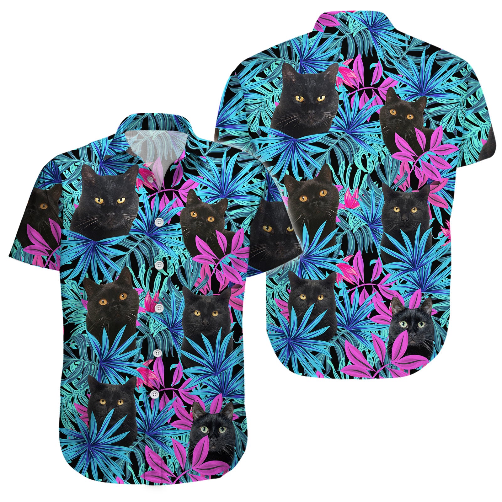 Black Cat Tropical Leaves Button Shirt, Black Cat Button Shirt, Summer Cat Hawaiian Shirt, Cat Leaf Hawaiian Shirt, Summer Tropical Shirt