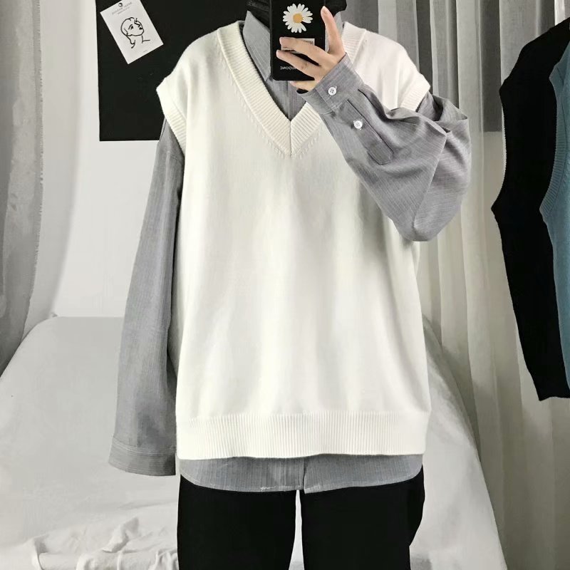 Sweater Vest Men Autumn Solid Simple Oversized Loose All-match Sleeveless Sweaters V-neck Korean Style Teens Knitwear Retro Warm alx