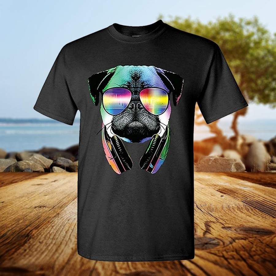 Neon Dj Pug with Headphones Dog Puppy Mens Cotton Short Sleeve T-shirt Black S-3XL