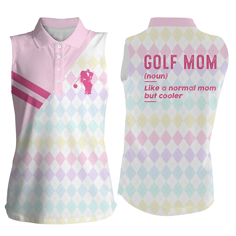 Women Sleeveless Polo Shirt, Funny Golf Mom Like A Normal Mom But Cooler Pink Argyle, Golf Gift For Mom