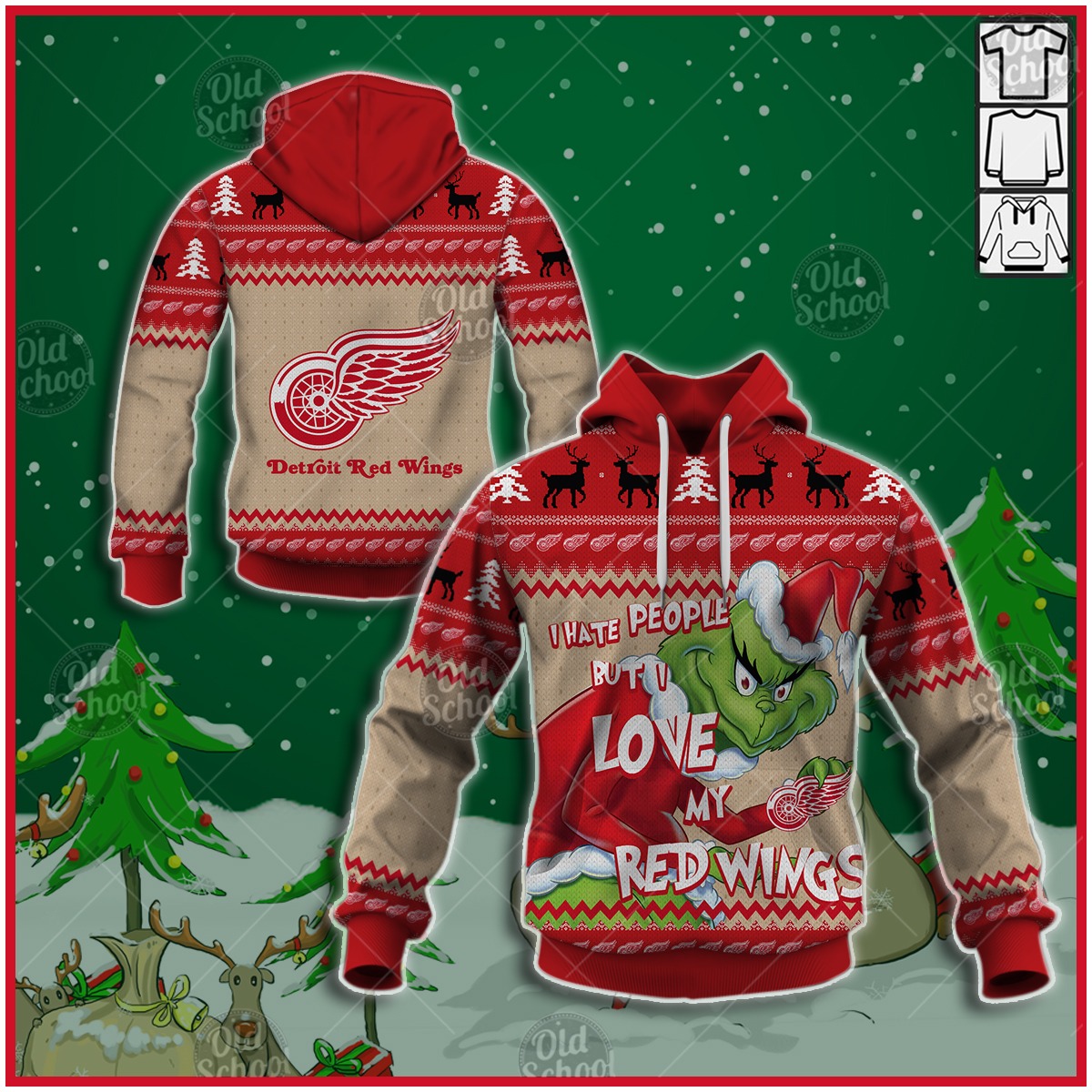 Detroit Red Wings X Grinch Christmas Ugly Sweater Style Personalize Hoodies