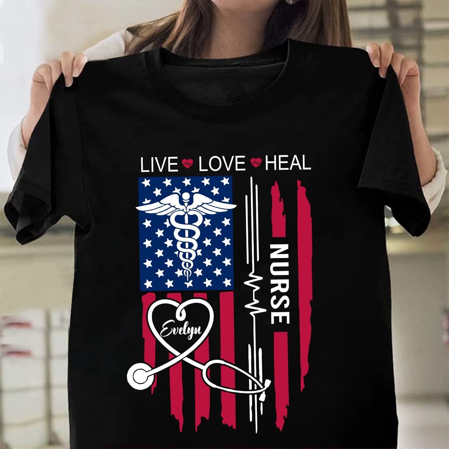 Personalized American Flag Nurse Shirt, Custom Name Nurse Shirt Us Flag, Gift For Nurse, Nurse Graduation Gift For Her, Nurse Shirt For Women, Nurse Gifts For Women, Nurses Day Christmas Birthday Gift