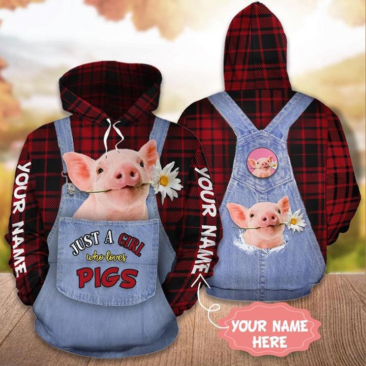 Personalized Name A Girl Love Pigs Farmer Red Caro Hoodie 3D