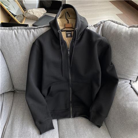 Autumn and winter inner plus velvet thickened lamb velvet sweater men’s 2022 solid color warm hooded drawstring jacket top men alx