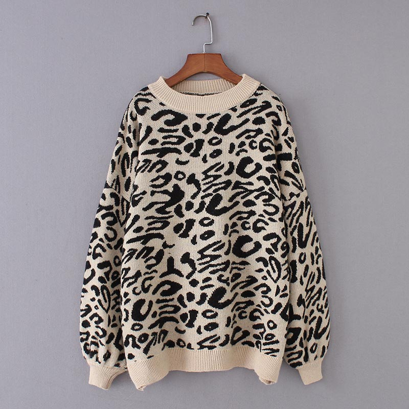 Women 2019 Fall Winter Casual Leopard Print Knitted Pullover Streetwear Jumpers Harajuku Long Sleeve Retro O Neck Sweater alx