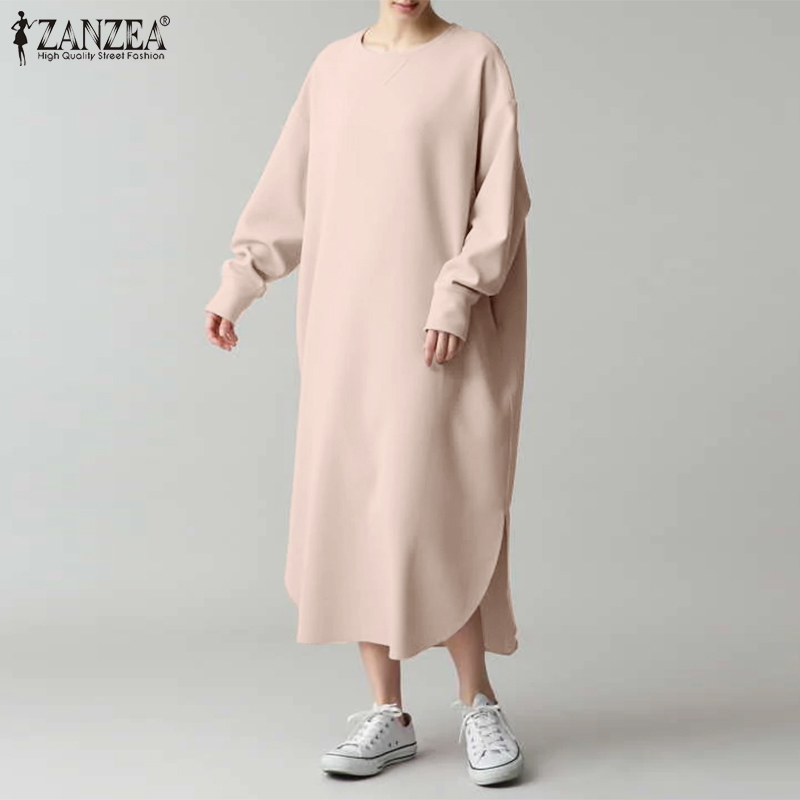 ZANZEA Round Neck Long Sleeves Vestidos Women Autumn Pocket Sweatshirt Dress Lady Loose Casual Side Fork Irregular Robe Oversize alx