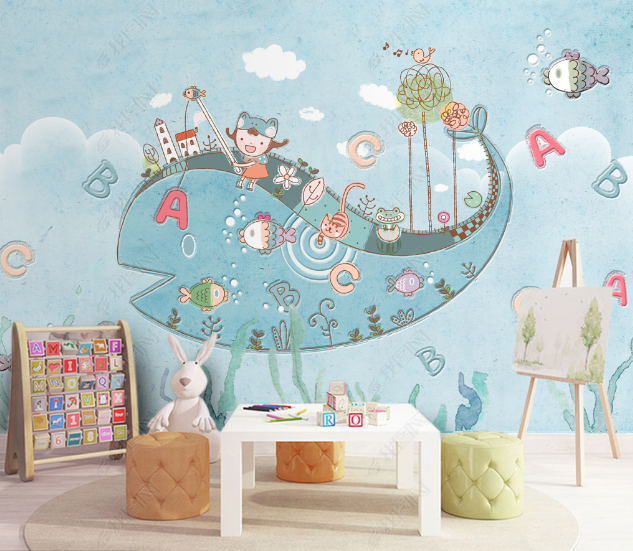 3D Cartoon Underwater World Whale Wall Mural Wallpaper Lqh 169