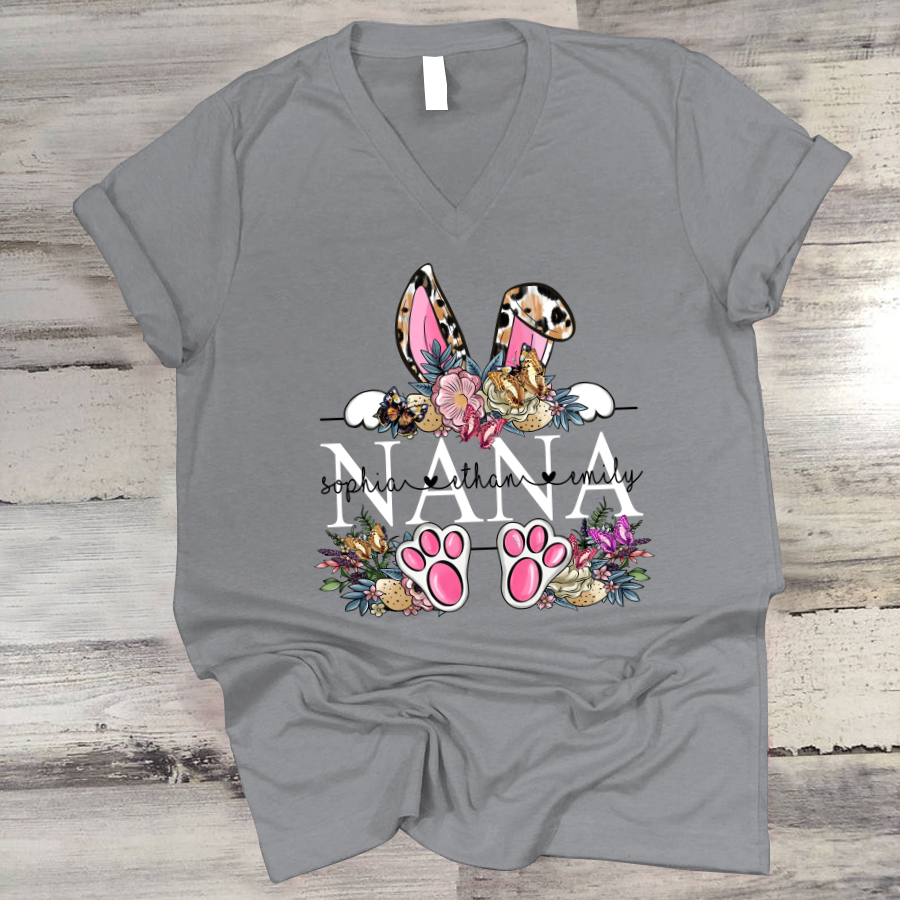 Leopard Bunny Nana And Kids, Custom Grandma Shirt, Mother Day Gift Cth01 V-Neck