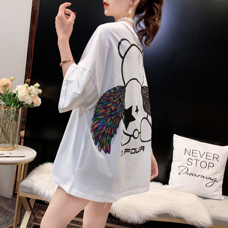 Summer Cartoon Printed Loose Fashion Top Flowers Embroidered Sequins Short-sleeved T-shirt Women Kawaii Clothes Graphic Tees alx