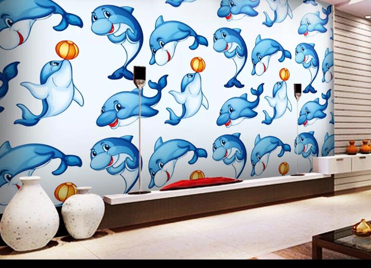 3D Hand Drawn Animal Blue Dolphin Wall Mural Wallpaper Lqh 381