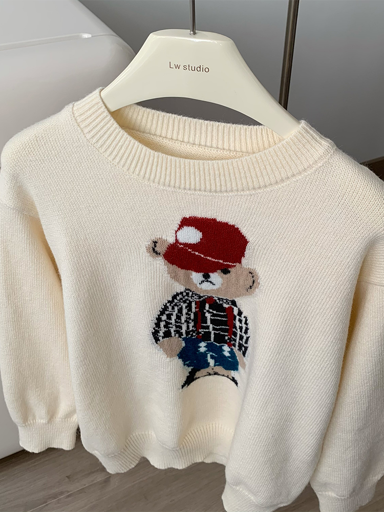 Vintage Cartoon Bear Print Women Autumn New Knit Jumper Baggy Long Sleeve Pullover Crew-neck Basic Sweater Aesthetic Vintage alx