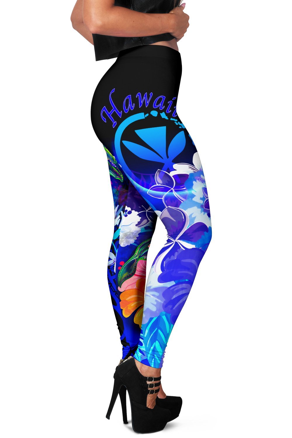 Polynesian Hawaii Women’s Leggings – Kanaka Maoli Humpback Whale with Tropical Flowers (Blue)- BN18