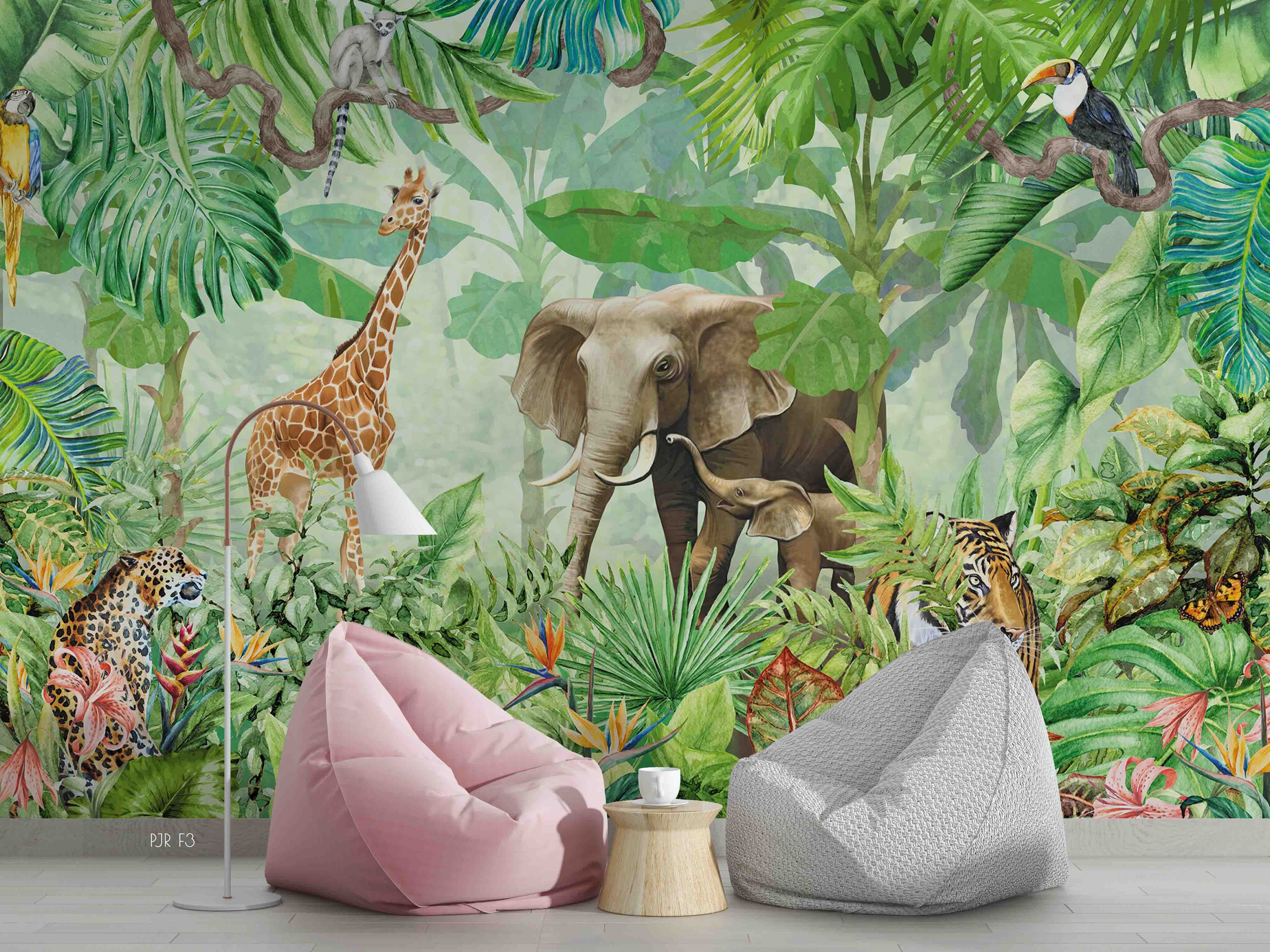 3D Hand Drawn Green Forest Plant Elephant Giraffe Animal Wall Mural Wallpaper Lxl