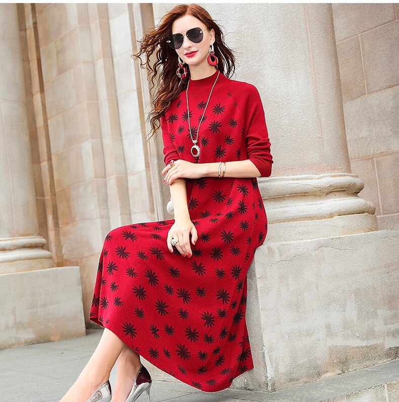 2020 Vintage Red 3XL Plus Size Knit Turtleneck Wool Sweater Maxi Dress Autumn Winter Casual Women Elegant Bodycon Long Sweaters alx