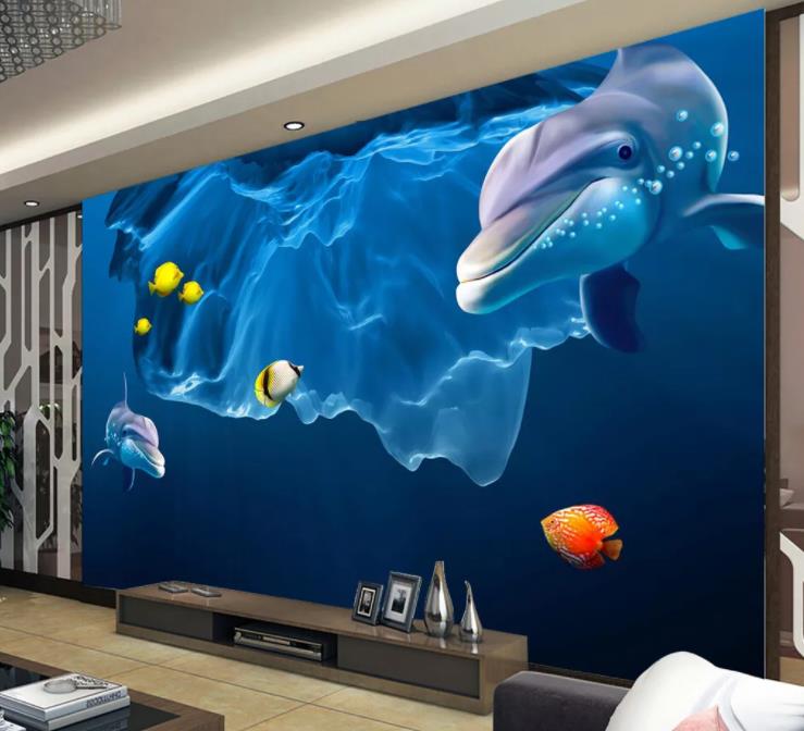 3D Marine Animal Dolphin Blue Wall Mural Wallpaper Lll 1317