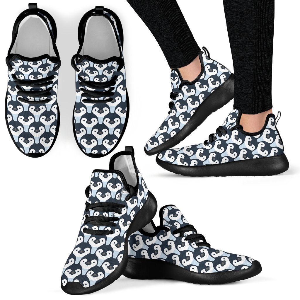 Penguin Face Pattern Print Black Men Women Knit Sneaker