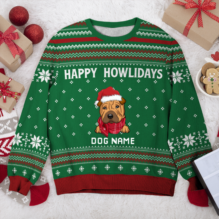 Shar-Pei Happy Howlidays Personalized Sweater, Dog Ugly Christmas Sweater