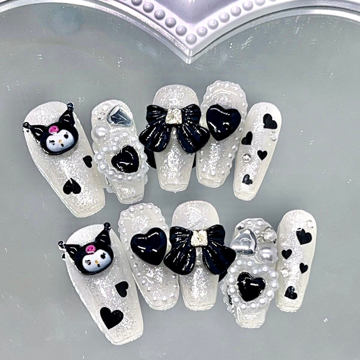 Glitter Ivory Korumii with Black heart/ bow/ pearl heart press on nails #327