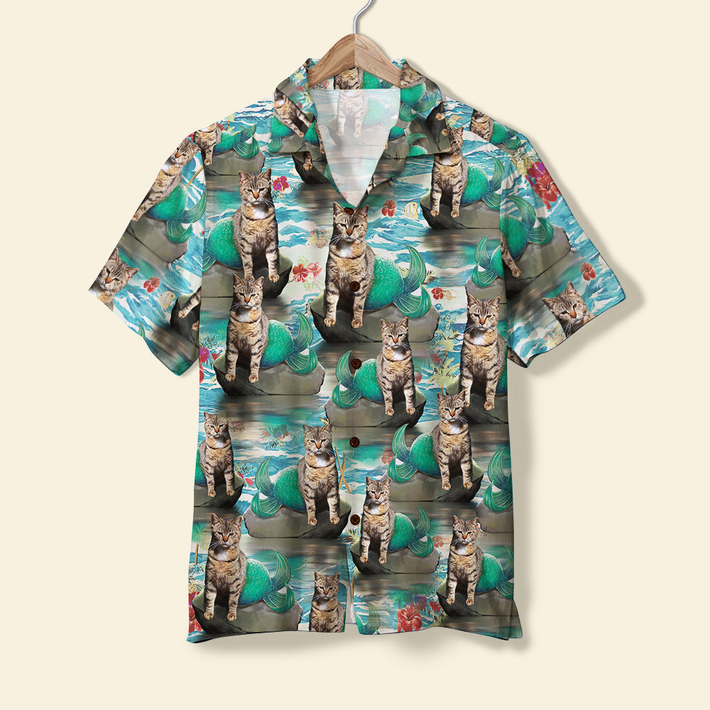 Mermaid Cat Sitting On Rock Island Custom Photo Hawaii Aloha Shirt Ha1529