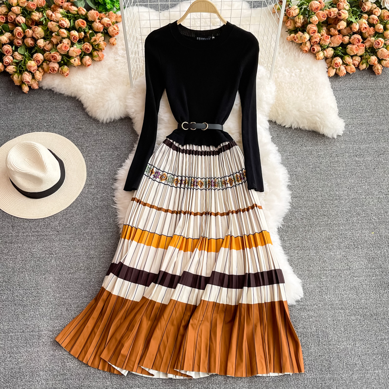 Autumn Winter Elegant Knitted Patchwork Contrast Color Pleated Dress Women Long Sleeve Office Lady Sweater Dress With Belt alx