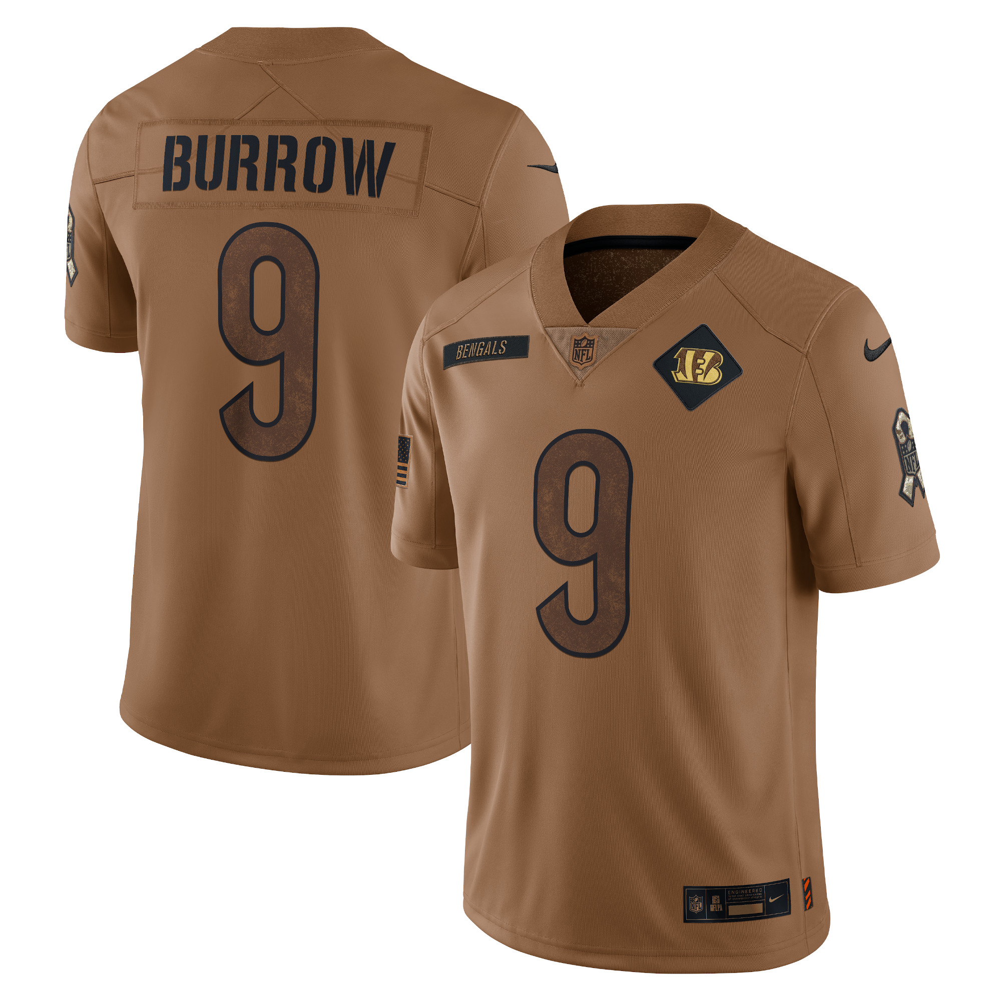 Men’s Cincinnati Bengals Joe Burrow Brown 2023 Salute To Service Limited Jersey