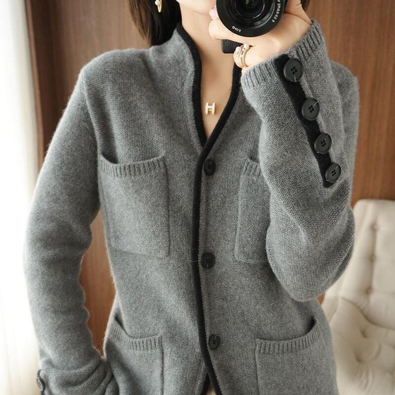 Autumn Winter Wool Cashmere Sweater Women’s Stand-up Collar Cardigan Sweater Patchwork Button Warm Knitted Coat Women Tops alx