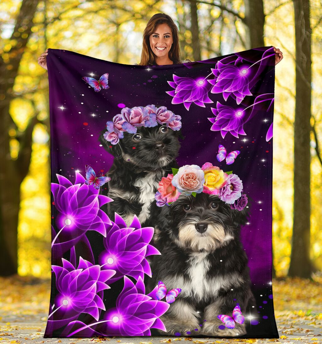 Schnauzer Puppy Cute With Flower Personalized Photo Upload Fleece Blanket Print 3D, Unisex, Kid, Adult