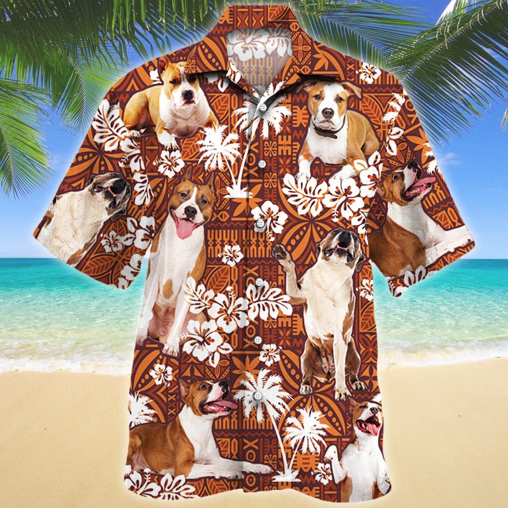 American Staffordshire Terrier Dog Lovers Red Tribal Pattern Hawaiian Shirt Men Ha93497