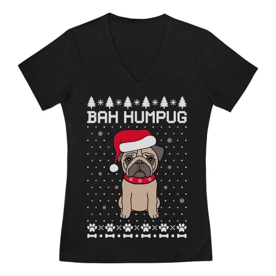 Bah Humpug Funny Ugly Christmas Puppy Pug Dog V-Neck Fitted Women T-Shirt