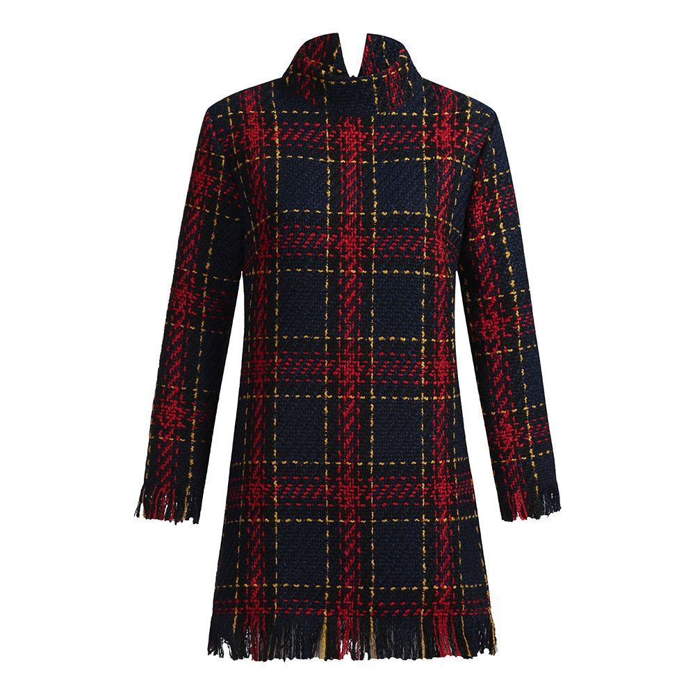 Plaid Yarn-dyed Sexy Dress Long Sleeve Turtleneck