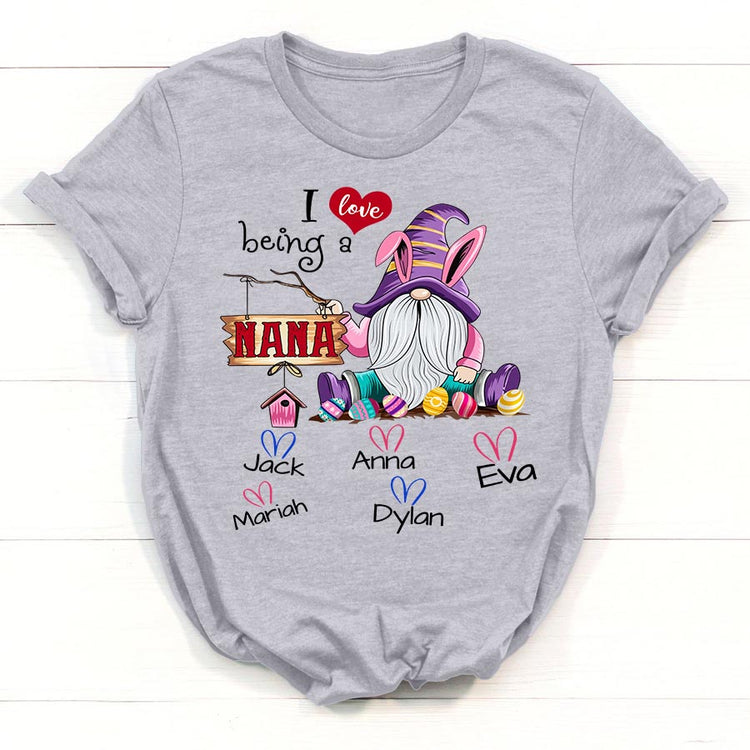 Personalized T-Shirt For Grandma I Love Being A Nana Cute Bunny Gnome & Easter Eggs Printed Custom Grandkids Name