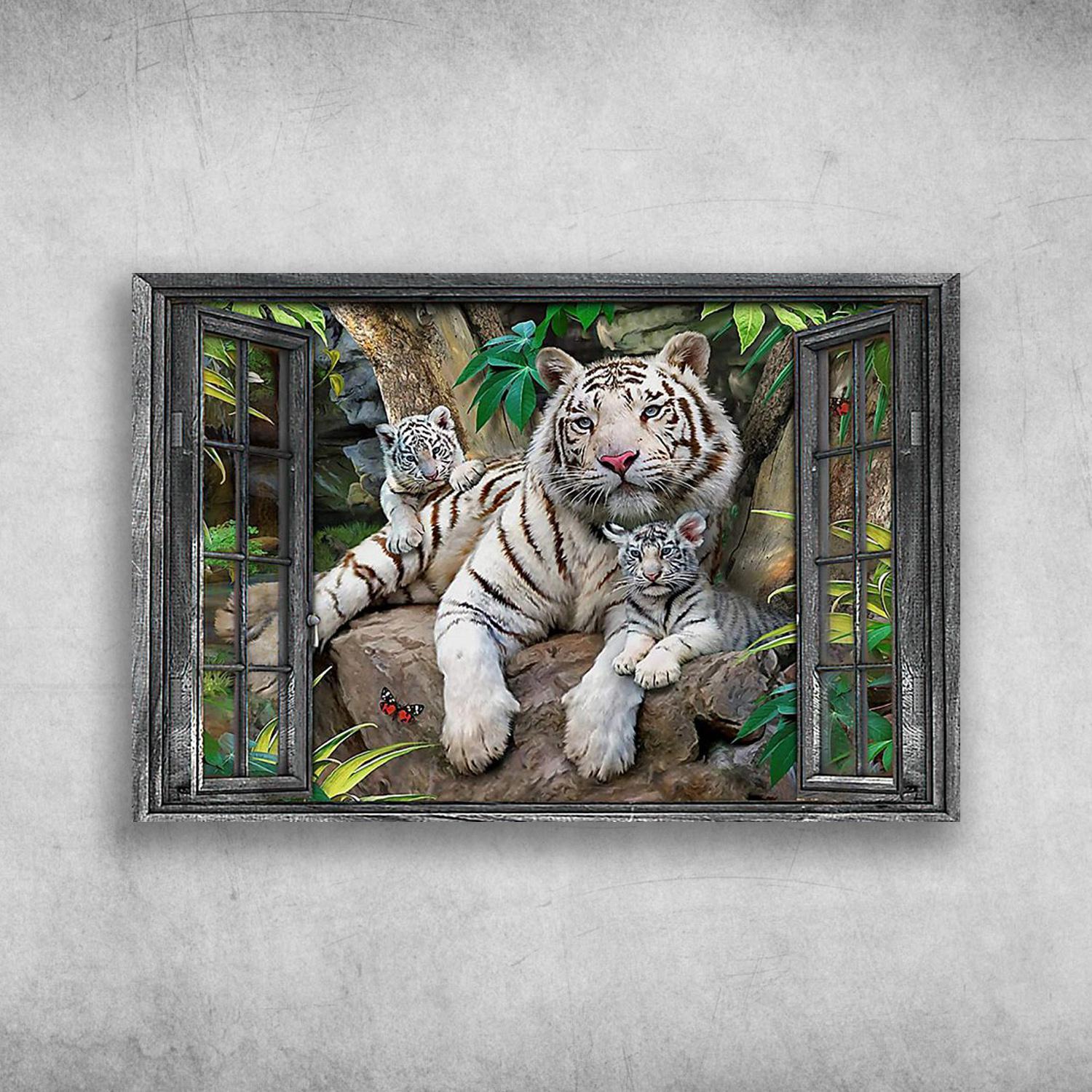 White Tigers Are Out The Window Poster Print Wall Art Canvas Wall Decor