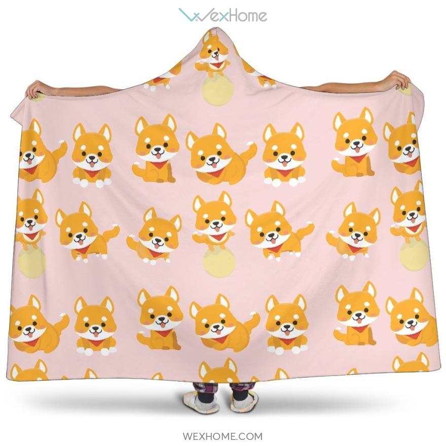 Cute Shiba Inu Dog Pattern  Hooded Blanket