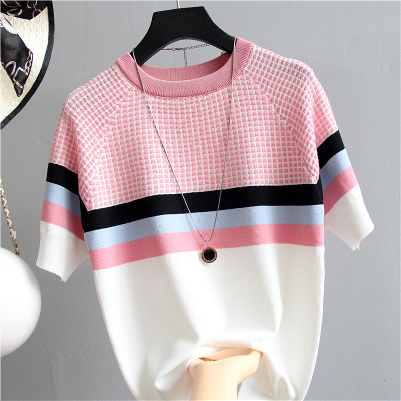 2021 Summer Short Sleeve Korean Sweater Knitted Pullover Women Sweaters Tops All-Match Basic Thin Pull Femme Jumper Female Pink alx