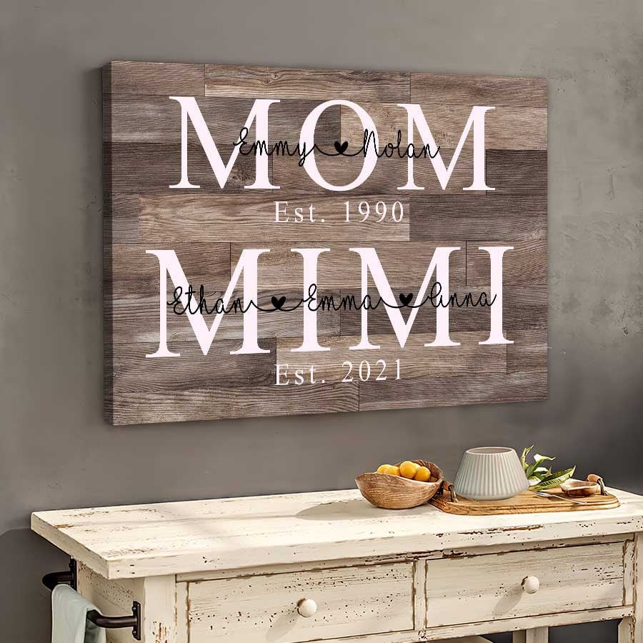 Customized Mom Est Mimi Est Landscape Canvas For Living Room, Custom Name Year Mom, Grandma With Grandkids Wall Art