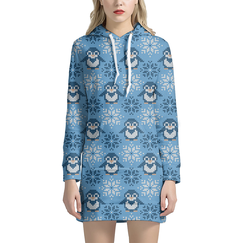 Snowy Penguin Knitted Pattern Print Women’S Pullover Hoodie Dress