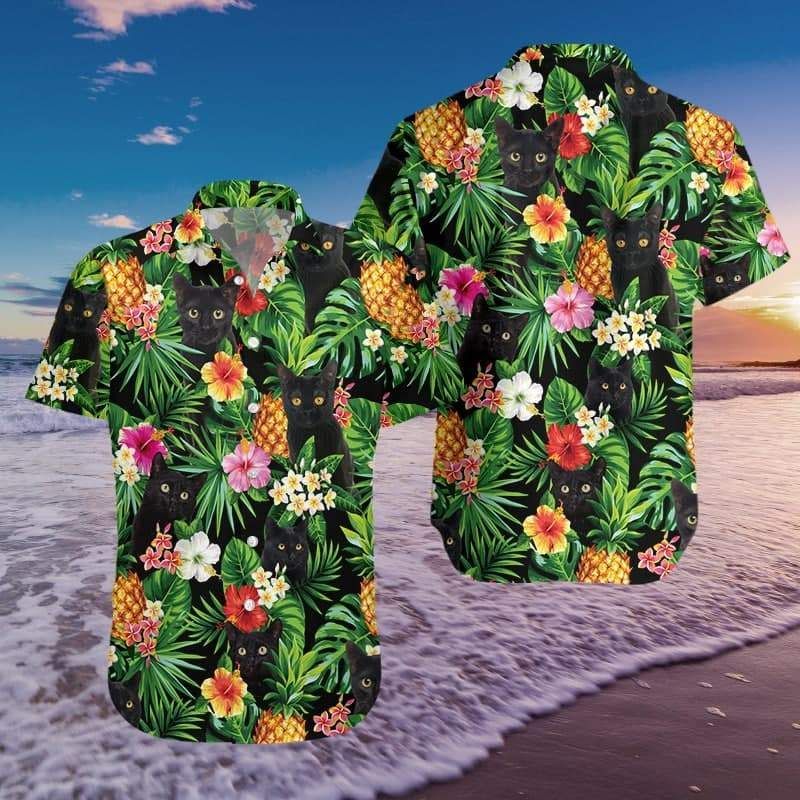 Get Here Black Cat Pineapple Tropical Hawaii Aloha Shirts Ha13970