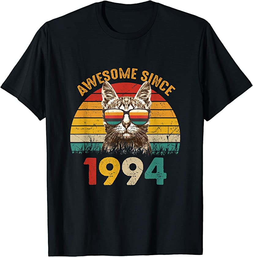 27th Birthday Vintage Cat Gift 27 Years Awesome Since 1994 T-Shirt