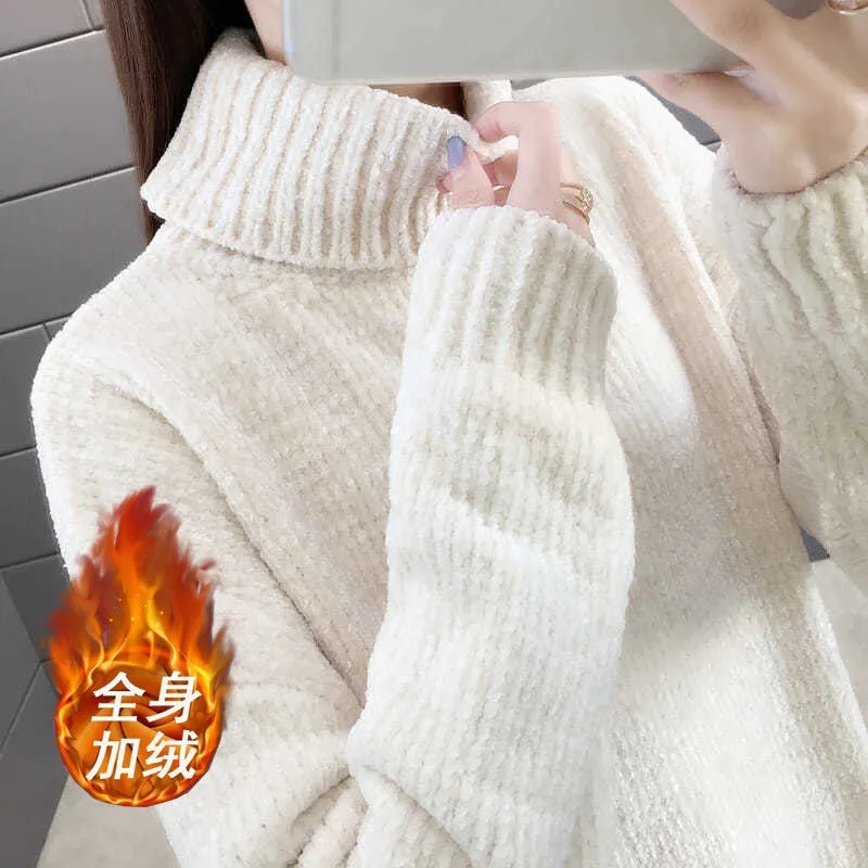 Women’s Plus Velvet Turtleneck Sweaters Winter Warm Thicken Bottoming Knitted Pullover Korean Long Sleeve Casual LooseTops alx