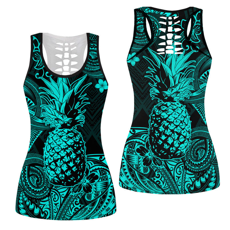 Hawaiian Pineapple Polynesian Hollow Tank Top Unique Style Turquoise Ha30007