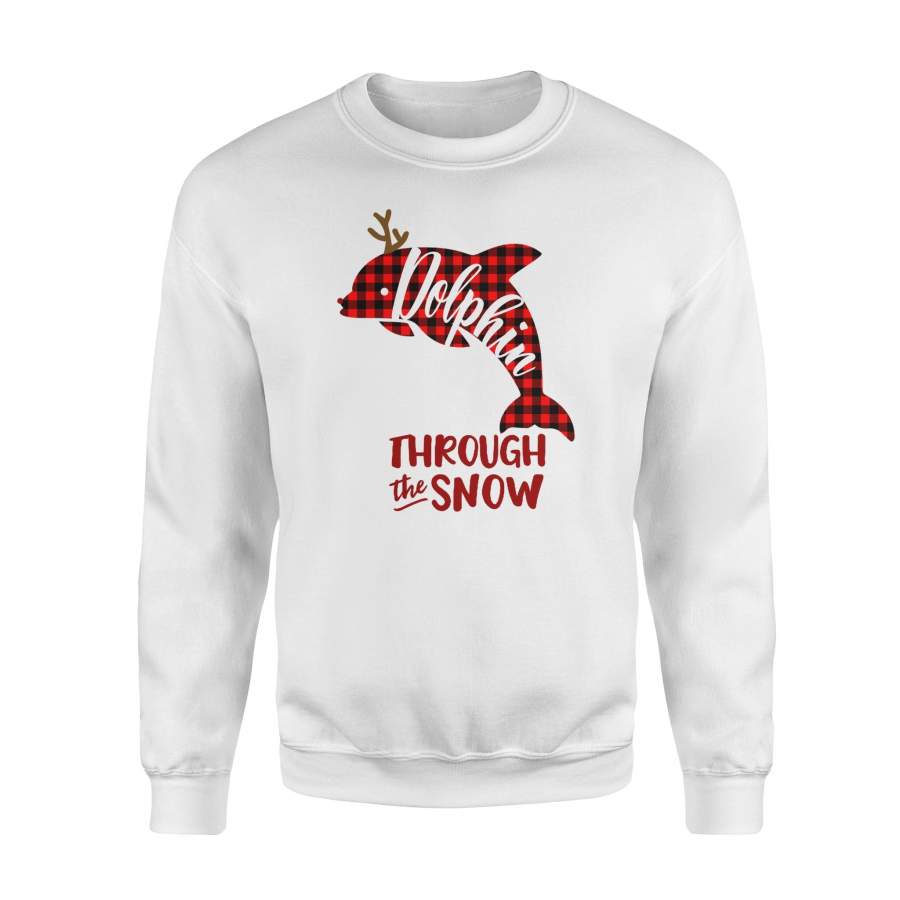 Through The Snow Christmas Dolphin Red Plaid Fleece Sweatshirt