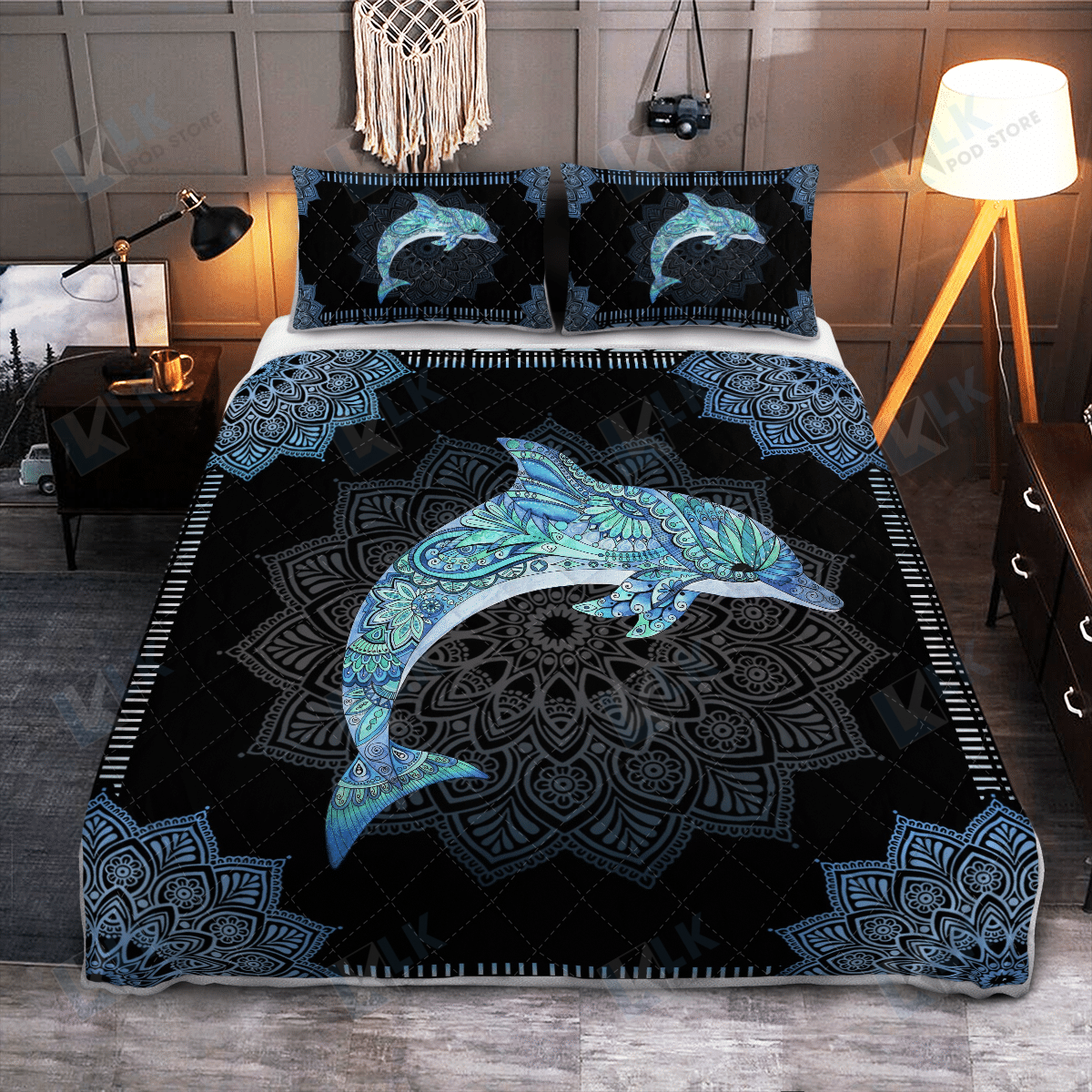 Dolphin Mandala Flower Pattern Quilt Bedding Set, Quilt, 2 Pillow Covers, Comforter, Bed Sheet Set, Dolphin Lover Gift