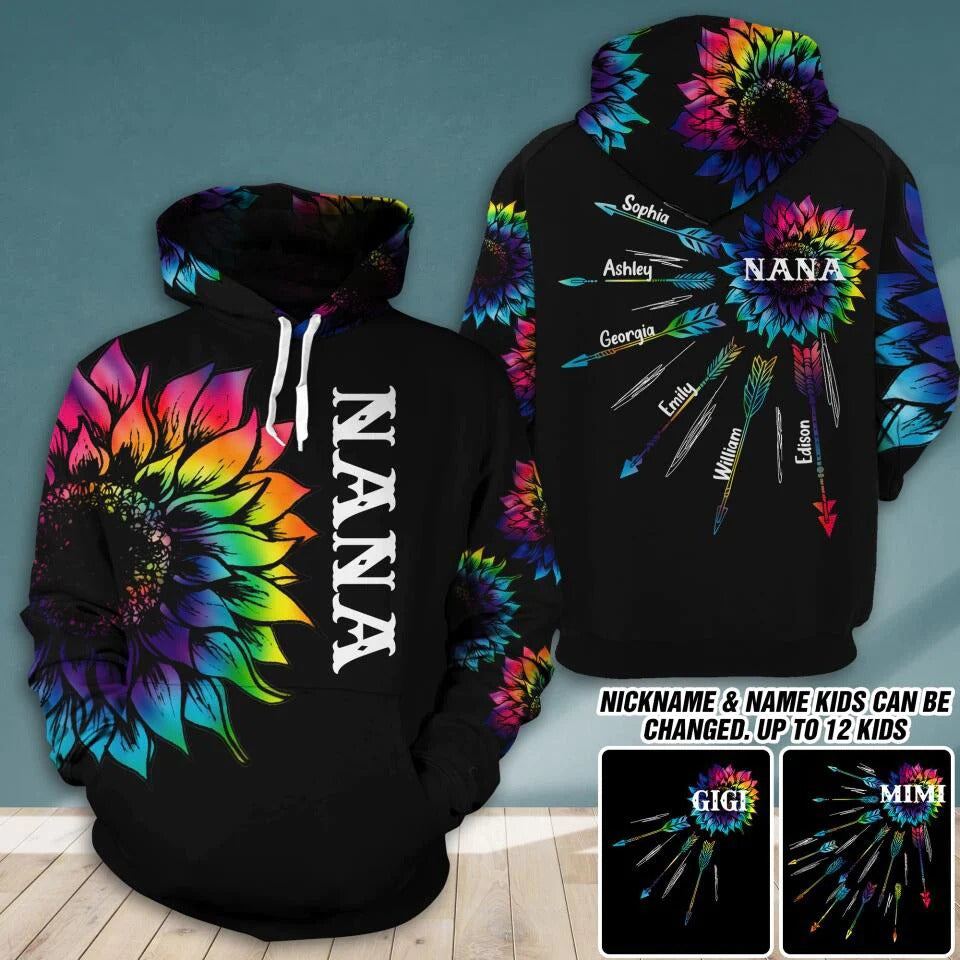 Personalized Grandma With Kid Name Tie Dye Sunflower Hoodie, 3D All Over Print Custom Mom And Kids Name Hoodie