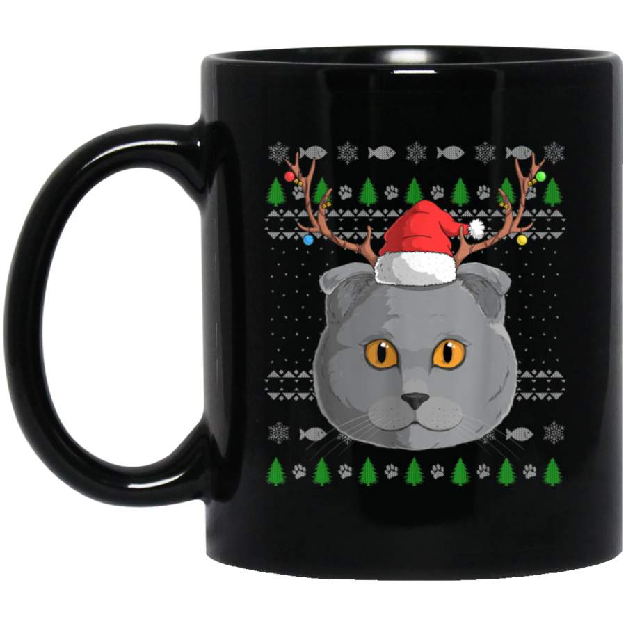 Scottish Fold Cat Santa Claus Hat Ugly Christmas Pattern Black Mug