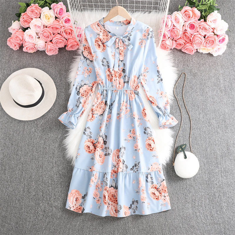 2022 Spring New Fashion Floral Print Dress Casual Long Sleeve Vintage Dresses Women Bow Tie Collar Beach Mid-calf Dress Vestido alx