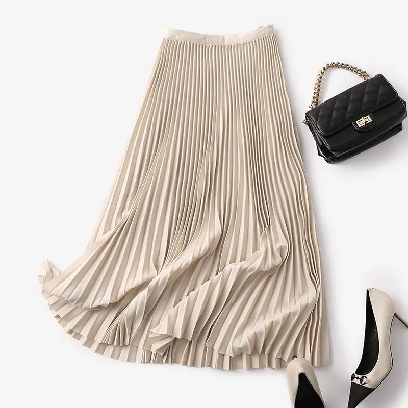 Yitimoky Long Pleated Skirts for Women 2022 Spring Fall Chic Elastic Band Fashion A Line Elegant Office Ladies Luxury Midi Skirt alx