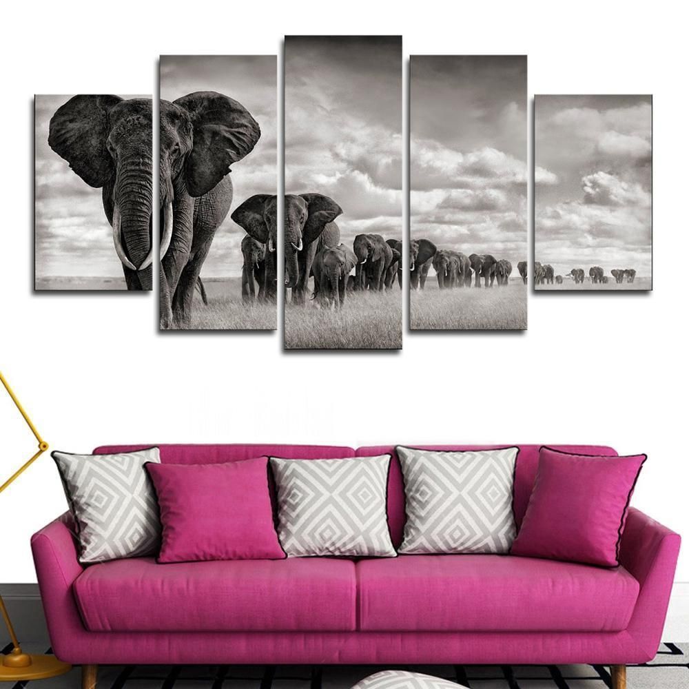 Elephant Walking On The Grassland Animal 5 Panel Canvas Art Wall Decor