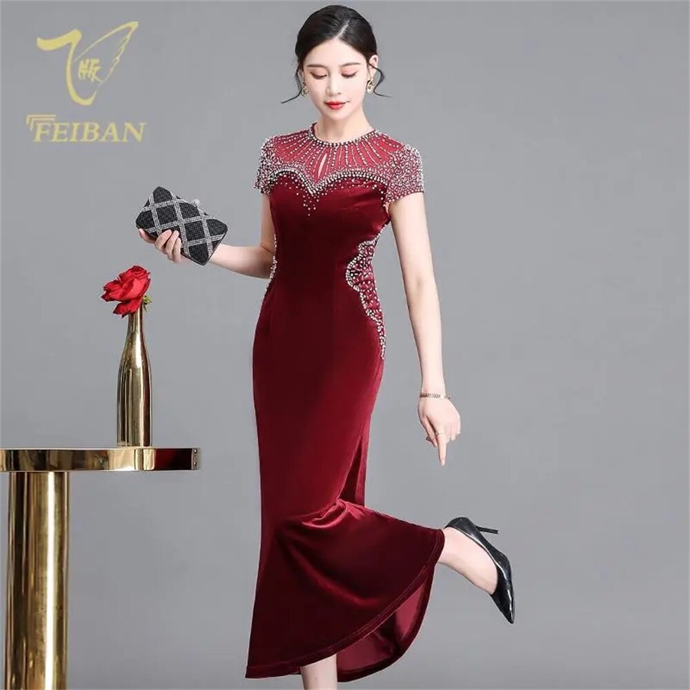 Vintage Diamonds Edding Dress 2022 Spring Attend Wedding Mother Dess Dinner Party Improved Cheongsam Short Sleeve Dresses Lady alx