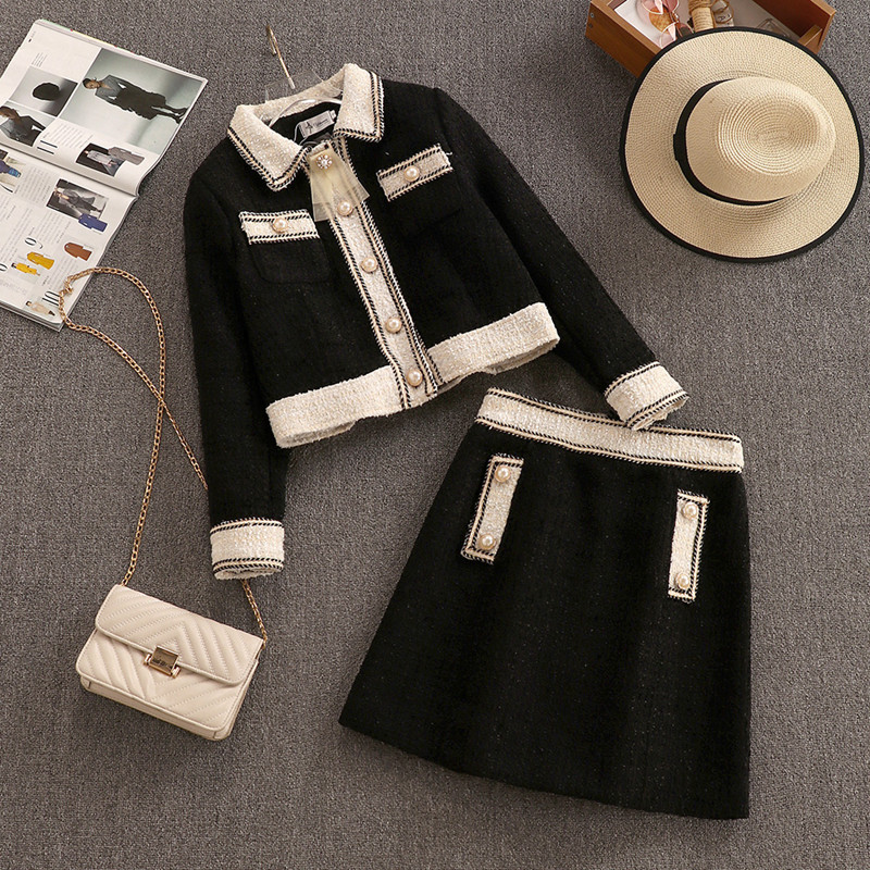 2021 Autumn Vintage Elegant Tweed Two Piece Skirt Sets Women Single-breasted Coat + A-line Skirt Korean Ladies Suits Outfits alx